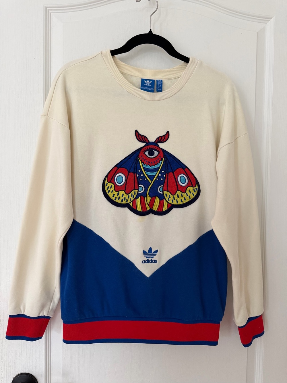 adidas Crewneck Sweatshirt in Cream, Blue & Red with Moth Graphic